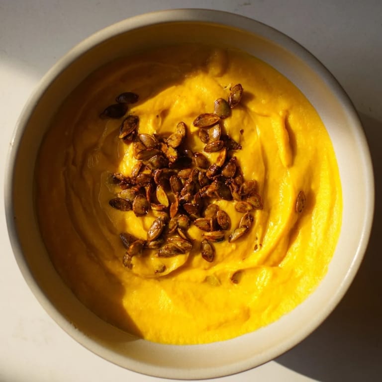 Homemade Creamy Roasted Pumpkin Soup; the warm, spiced flavor is perfect for a chilly evening.