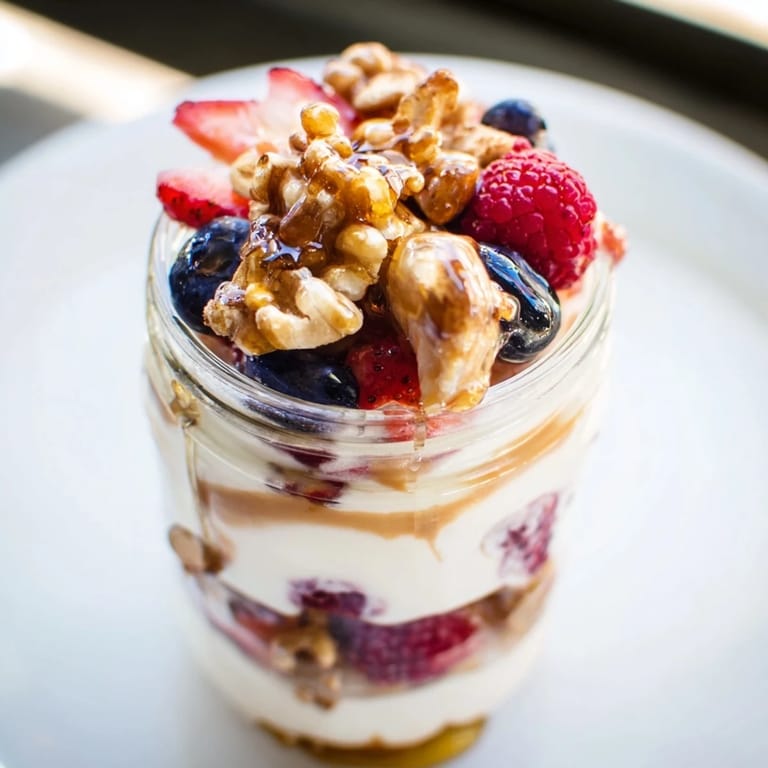 Prepare for a visually appealing Cashew Butter Yogurt Parfait with layers of fresh berries and cashew butter.