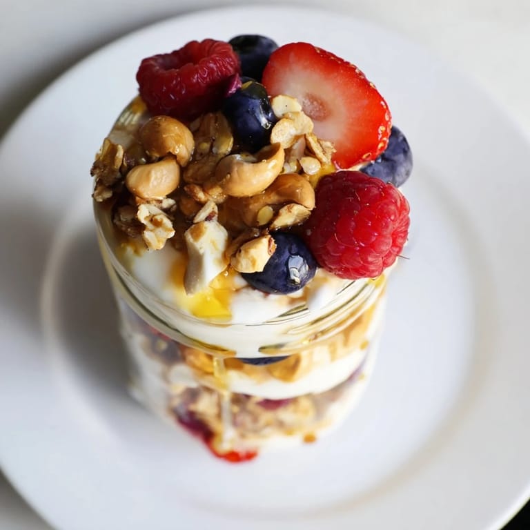 Enjoy a spoonful of mixed berries nestled in a Cashew Butter Yogurt Parfait, a perfect, healthy breakfast.