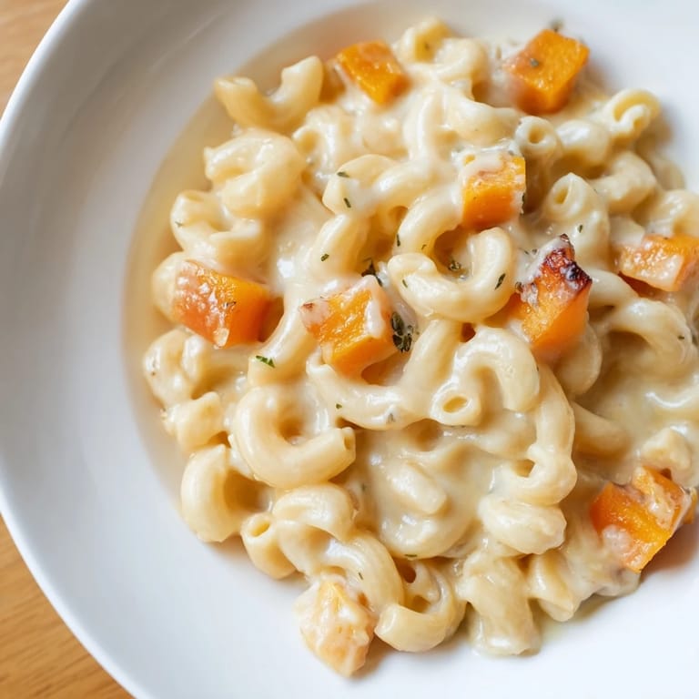 A close-up view of butternut squash mac and cheese, perfectly golden-brown with a creamy cheese sauce.