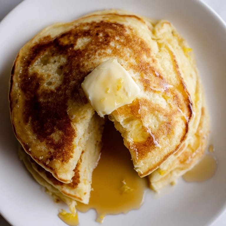 Close-up of golden lemon ricotta pancakes, served with berries – a dreamy breakfast treat.