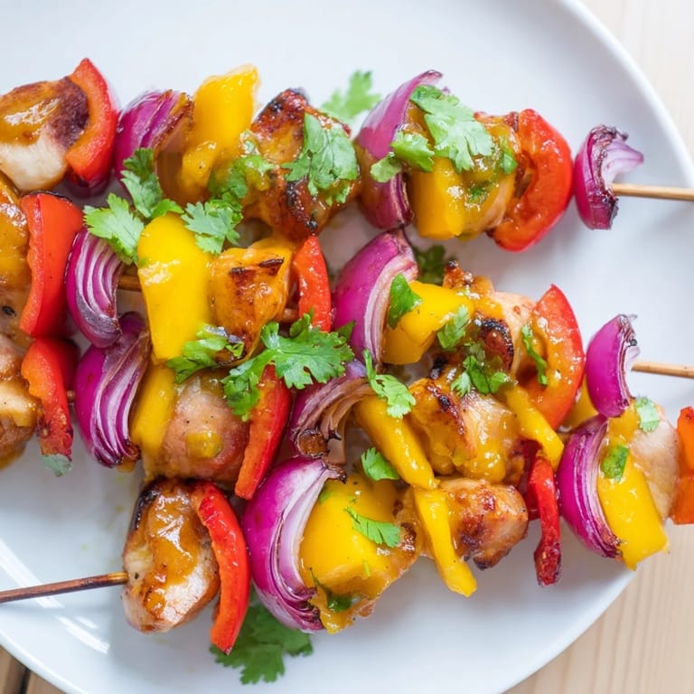 Vibrant photo of grilled Mango Lime Chicken Skewers with colorful peppers, a quick and easy summer meal idea.