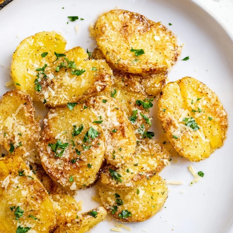 Image of ultra-crispy Garlic Parmesan Potatoes, golden brown and perfectly seasoned for a delicious side.