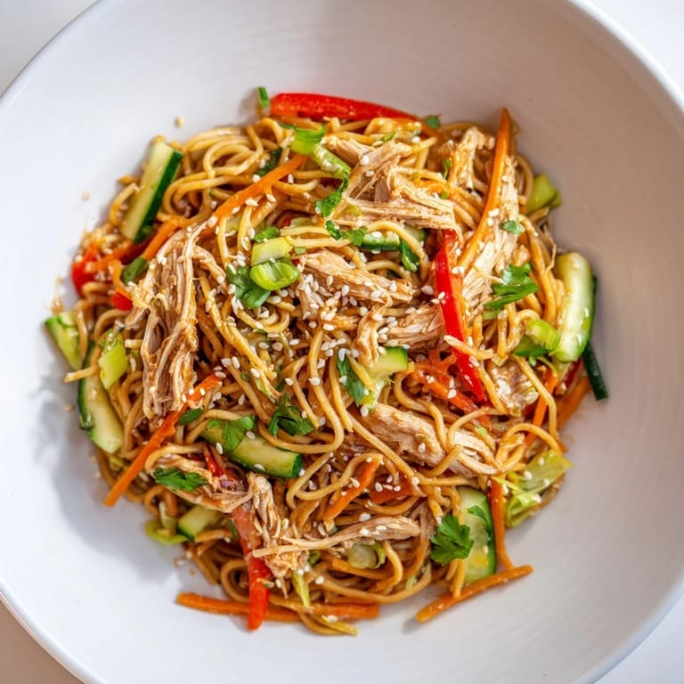Enjoy a close-up of this delicious Chilled Chicken Noodle Salad, perfect for a light Asian-inspired meal.