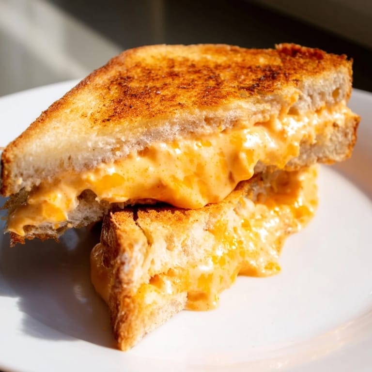 Enjoy a warm and satisfying Spiked Grilled Cheese, with its golden-brown crust and a spicy kick from the sriracha.