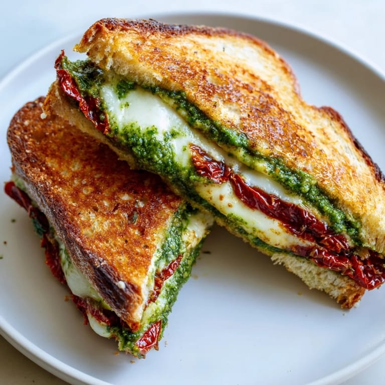 A close-up of a perfectly grilled Pesto Grilled Cheese, oozing with melted cheese and vibrant pesto.