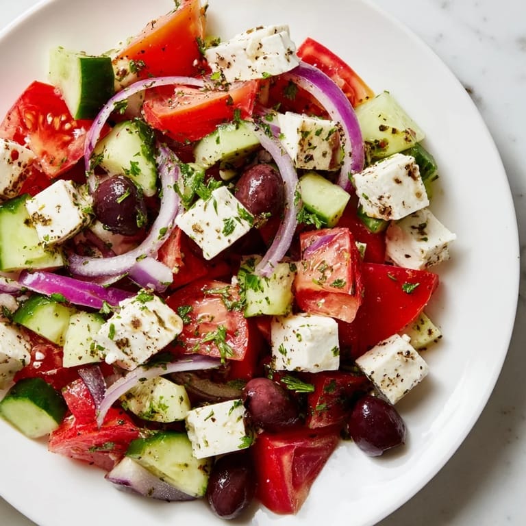 A large bowl of colorful Mediterranean Salad, tossed with olive oil and fresh herbs is pictured.