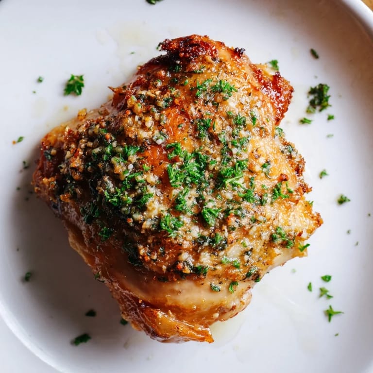 Juicy and tender crispy garlic chicken thighs, seasoned and roasted to golden brown deliciousness for dinner.