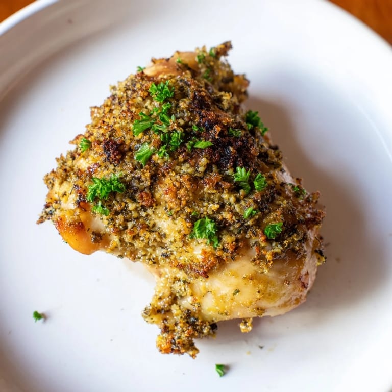 A close-up shot of perfectly cooked crispy garlic chicken thighs, showcasing the delicious, golden crust.