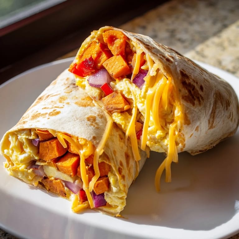 A close-up of a delicious Sweet Potato Breakfast Burrito, loaded with melted cheese and fresh fillings.