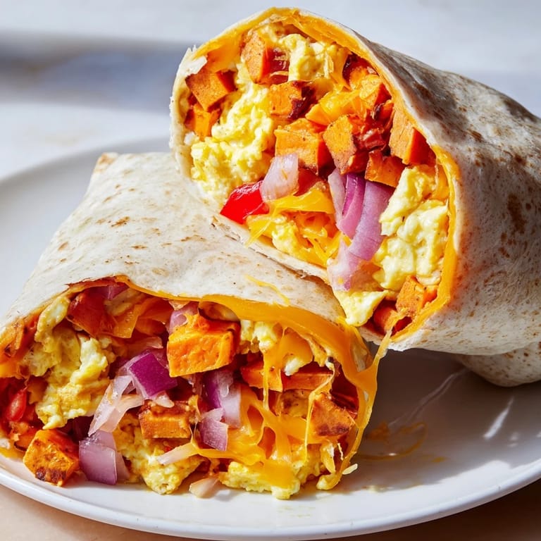 Warm and fluffy Sweet Potato Breakfast Burritos, ready to eat, with visible ingredients and textures.