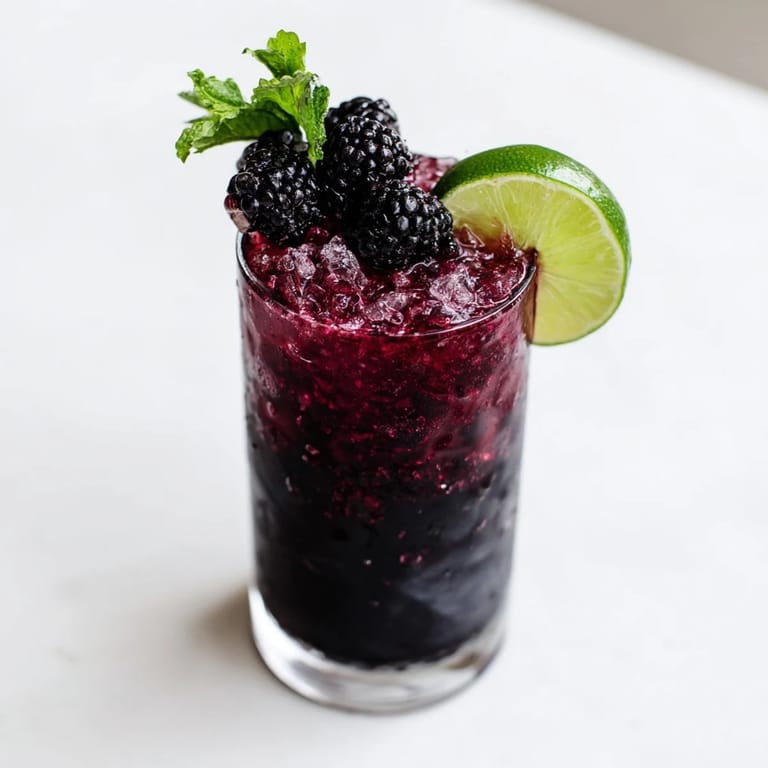 This Dark Matter Mocktail features a dramatic black drink, with dark blackberry syrup layered on ice.
