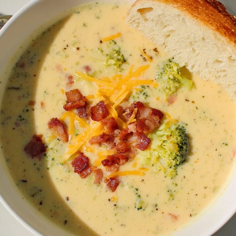 Creamy Broccoli Cheddar Soup simmering in a bowl, with crispy bacon crumbles and bread for dipping.