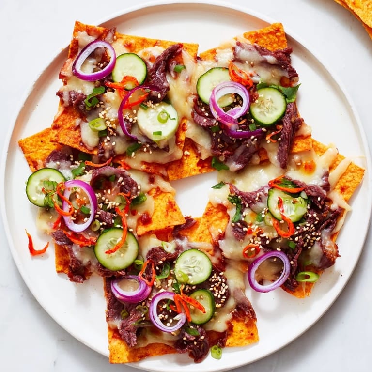 Gourmet Korean BBQ Nachos, featuring vibrant toppings of scallions and kimchi, ready to be devoured.