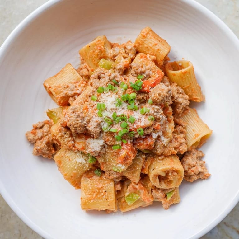 A close-up of the flavorful Chaos Cooking Kimchi Ragu Pasta, showcasing the vibrant textures in each bite.