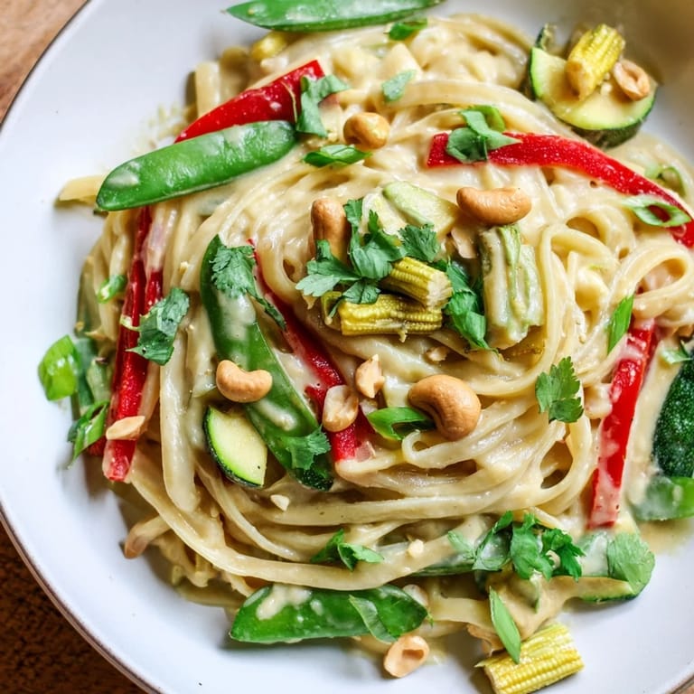 A comforting bowl of Thai Curry Pasta, with tender noodles swimming in a rich, flavorful sauce.
