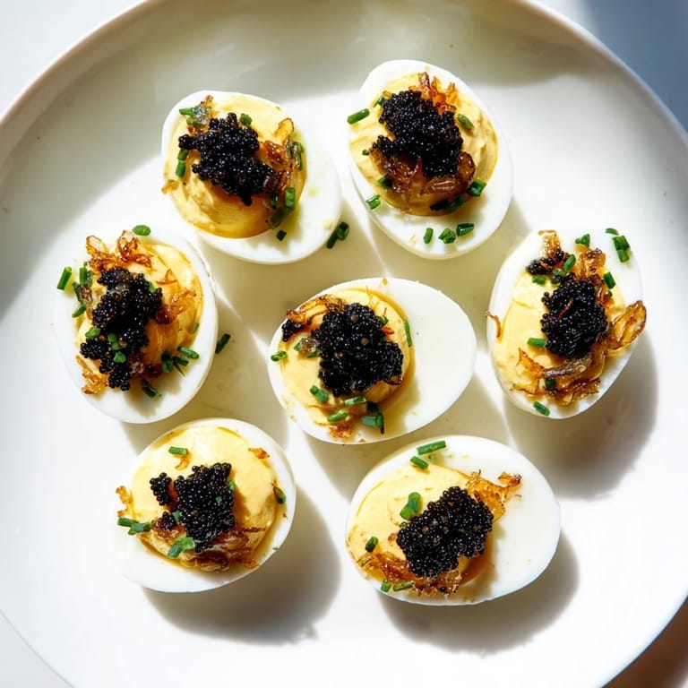 Perfectly chilled deviled eggs, topped with glistening caviar and crunchy shallots, ready to eat.