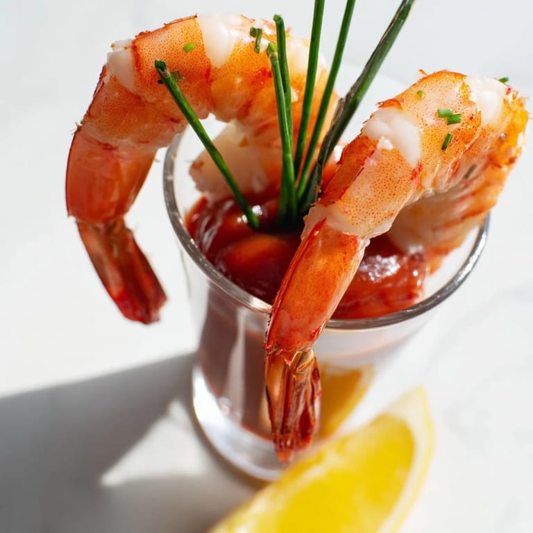 Refreshing bite: Classic Retro Prawn Cocktail Shooters, served in shot glasses, ready to grab and savor.