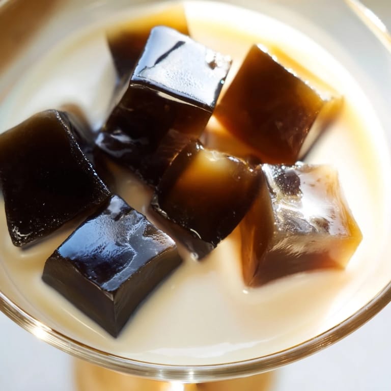Homemade Coffee Jelly Dessert with creamy topping, ready to eat and refreshingly chilled.