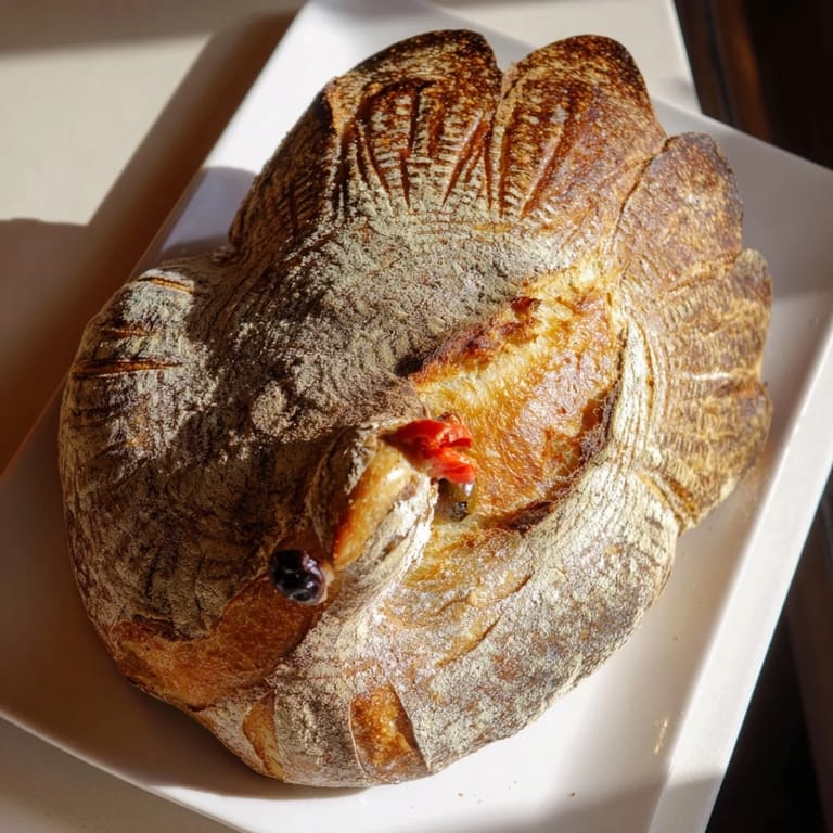 Overhead shot of a golden brown turkey-shaped sourdough centerpiece, dusted with flour and ready for a holiday table.