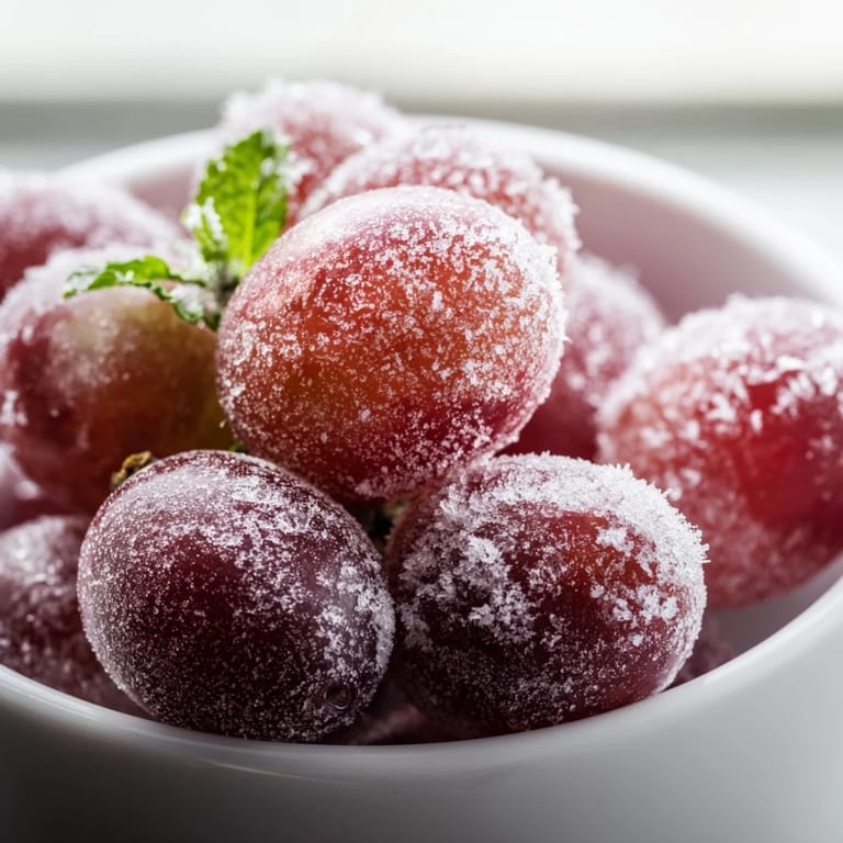 Frozen grapes arranged neatly on parchment paper, appearing crisp and juicy as a healthy, vegan snack.