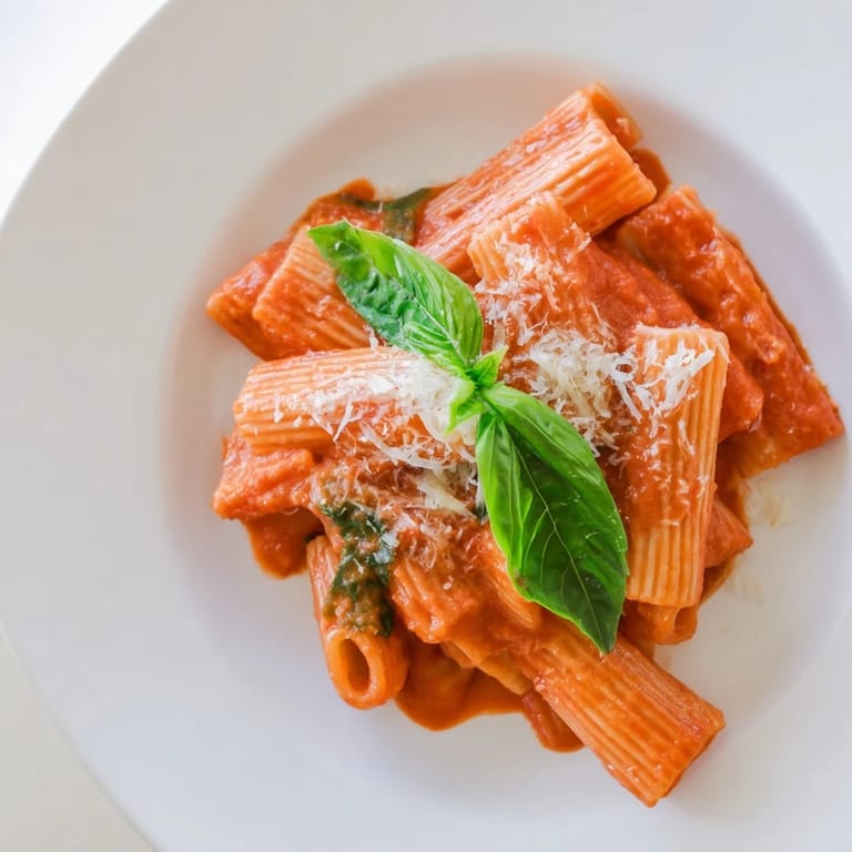 A creamy bowl of Hidden Veggie Tomato Pasta Sauce is garnished with fresh basil leaves.  