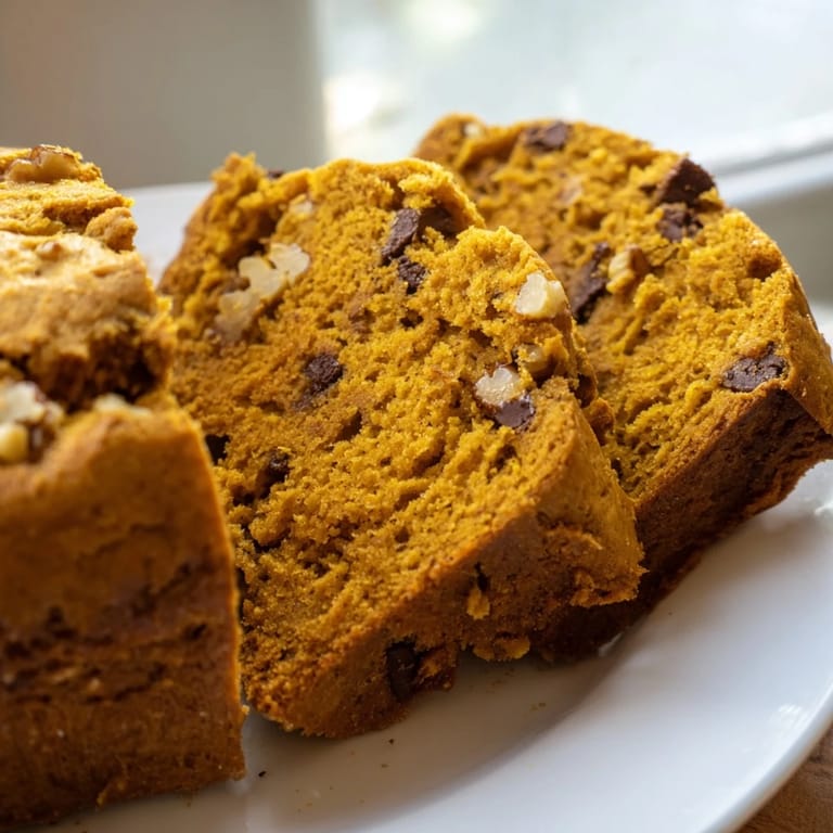 Thick slice of pumpkin bread on a white plate, topped with a pat of butter melting into the spiced crumb, ready to eat.