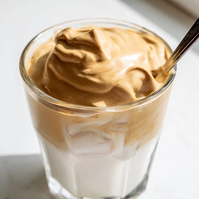 Velvety Whipped Dalgona Coffee with a fluffy whipped coffee cloud atop chilled milk, ready for a quick café-style treat.
