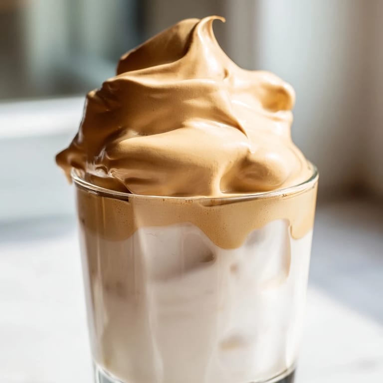 Stirring Whipped Dalgona Coffee into a glass of milk, creating a creamy marbled effect for a smooth morning beverage.