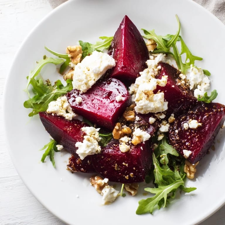 A generous portion of colorful Roasted Beet Goat Cheese Salad is served as a healthy lunch or elegant side dish with golden beet edges.