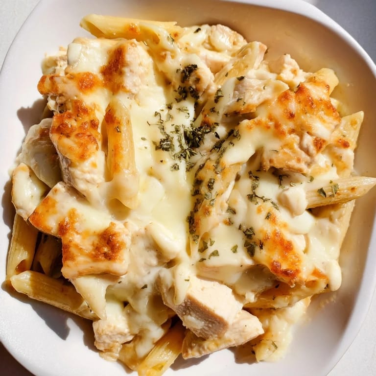 Steam rises from a creamy penne casserole featuring tender chicken and ranch sauce in a baking dish.