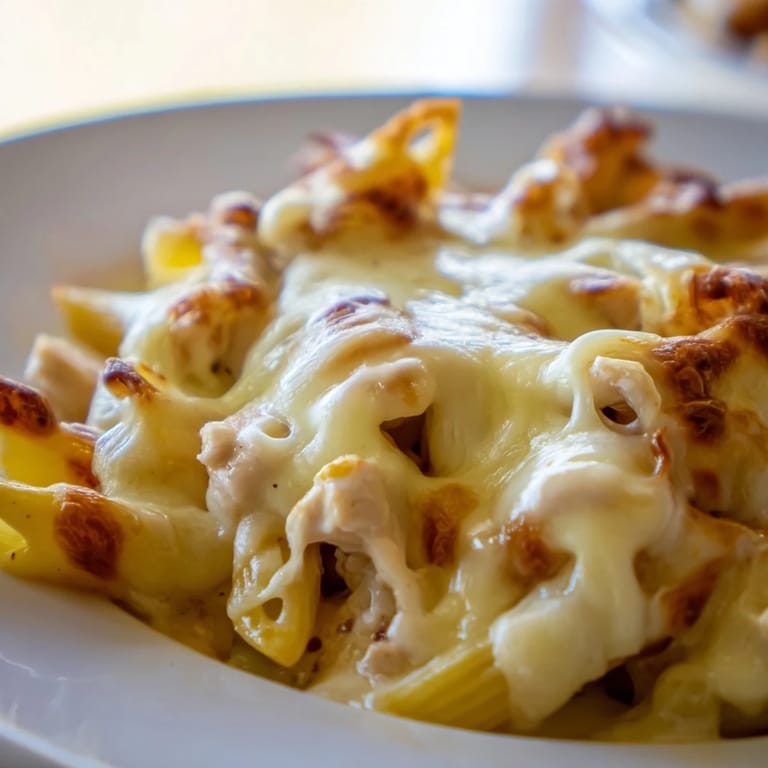 A close-up reveals a cheesy slice of Chicken Ranch Pasta Bake, served alongside a fresh green salad.