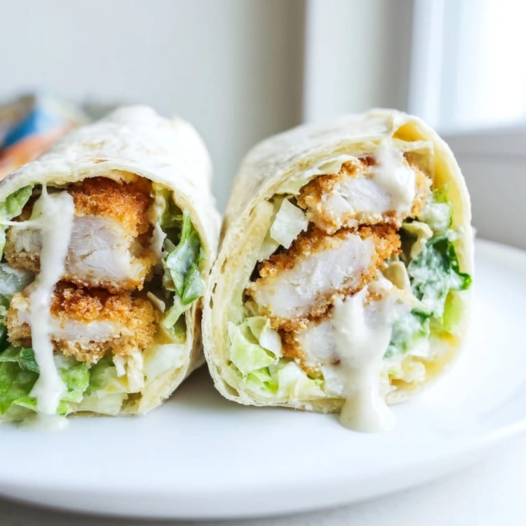 Homemade Crispy Chicken Caesar Wrap featuring juicy buttermilk-soaked chicken, crunchy breading, and fresh greens wrapped for an easy family dinner.