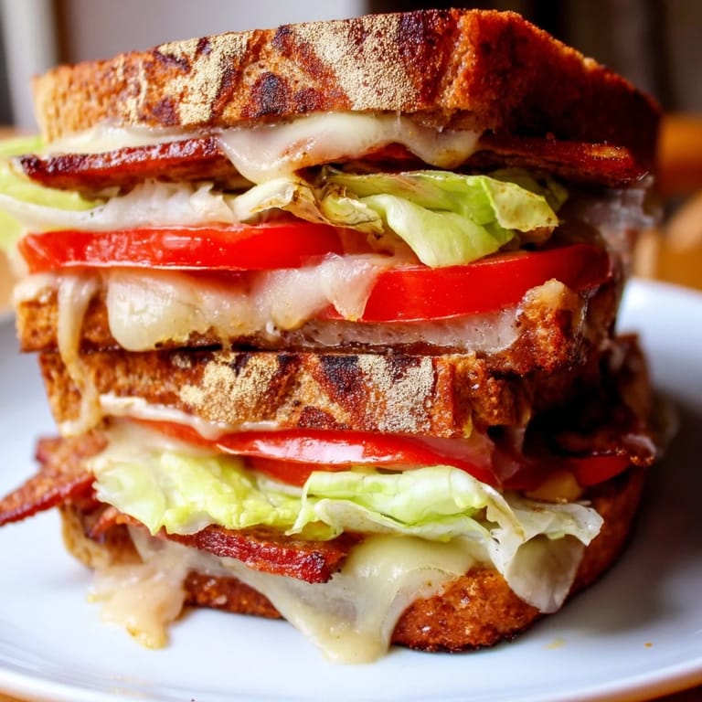 Hearty vegan bacon BLT grilled cheese sandwich served with a side of tomato soup, showcasing its melty, golden, and perfectly toasted crust for an easy dinner.