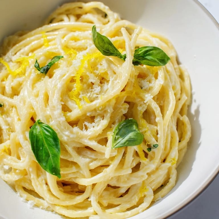 Lemon Ricotta Pasta served warm, featuring al dente spaghetti coated in zesty lemon and creamy ricotta, topped with extra Parmesan.  