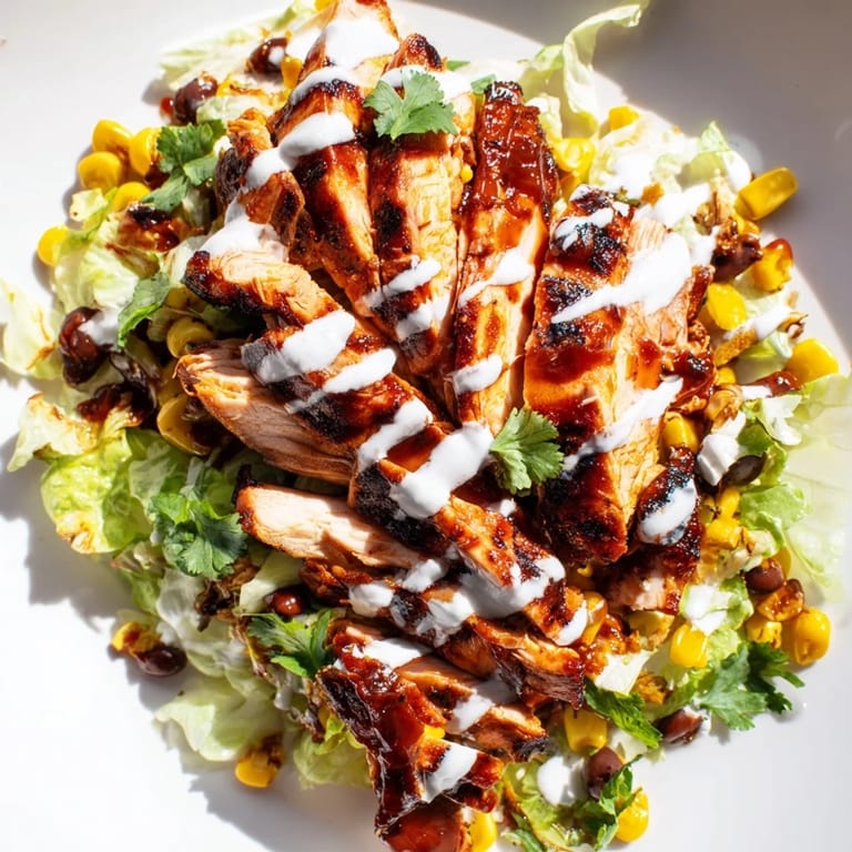 Colorful BBQ Chicken Salad featuring sliced avocado and corn, ready for a satisfying summer meal.