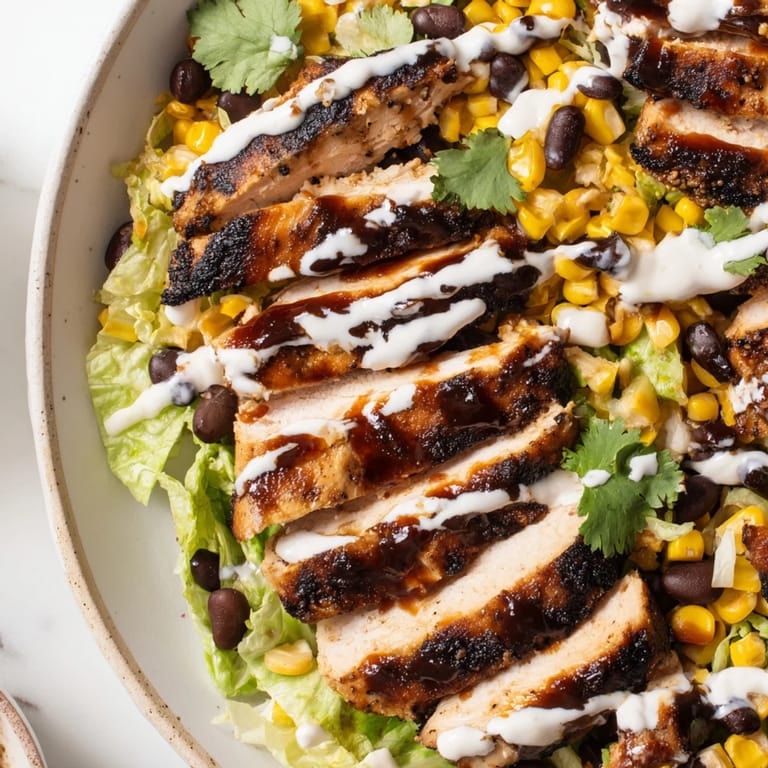 A bowl of hearty BBQ Chicken Salad with cherry tomatoes, red onion, and creamy ranch drizzle.  