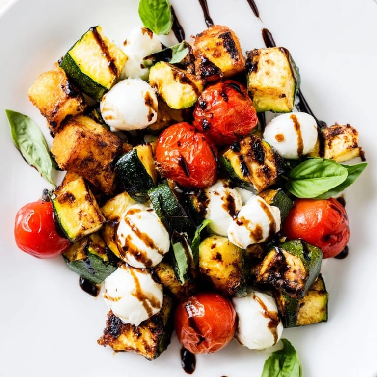 Colorful roasted vegetables and creamy mozzarella pearls make up this delicious Roasted Veggie Caprese Salad, drizzled with balsamic.