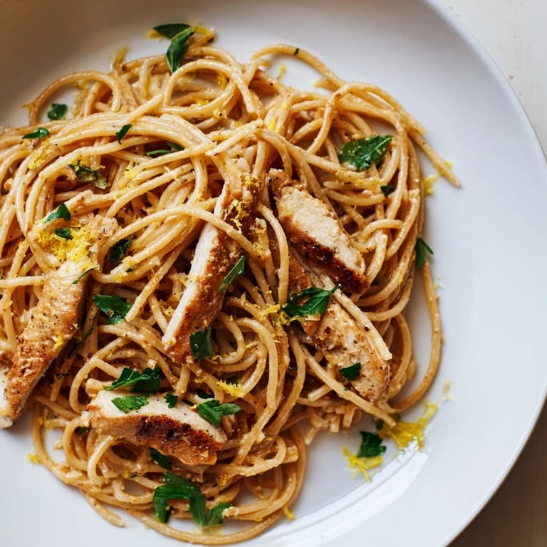 Sizzling skillet of Brown Butter Lemon Chicken Pasta, featuring glossy sauce, fresh herbs, and extra lemon wedges for a citrusy finish.