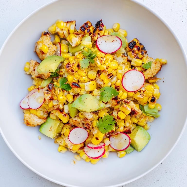 A close-up of Roasted Corn & Chicken Chopped Salad featuring juicy chicken, creamy avocado, and smoky corn on a bed of romaine.