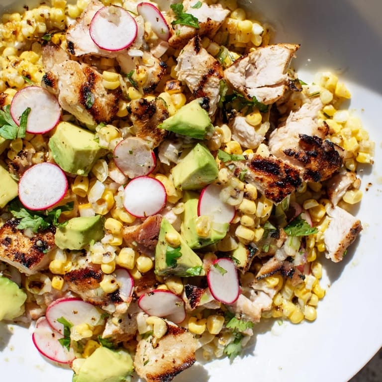 Colorful plated Roasted Corn & Chicken Chopped Salad garnished with cilantro, cherry tomatoes, and red onion, ready for a light lunch.