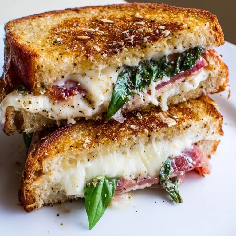 Crispy prosciutto and creamy burrata grilled cheese, sliced to reveal melted cheese and fresh basil leaves inside.