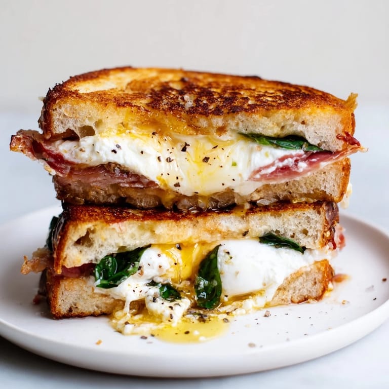 A delicious Crispy Prosciutto & Burrata Grilled Cheese sandwich, buttery and golden, ready to be enjoyed with fresh basil.