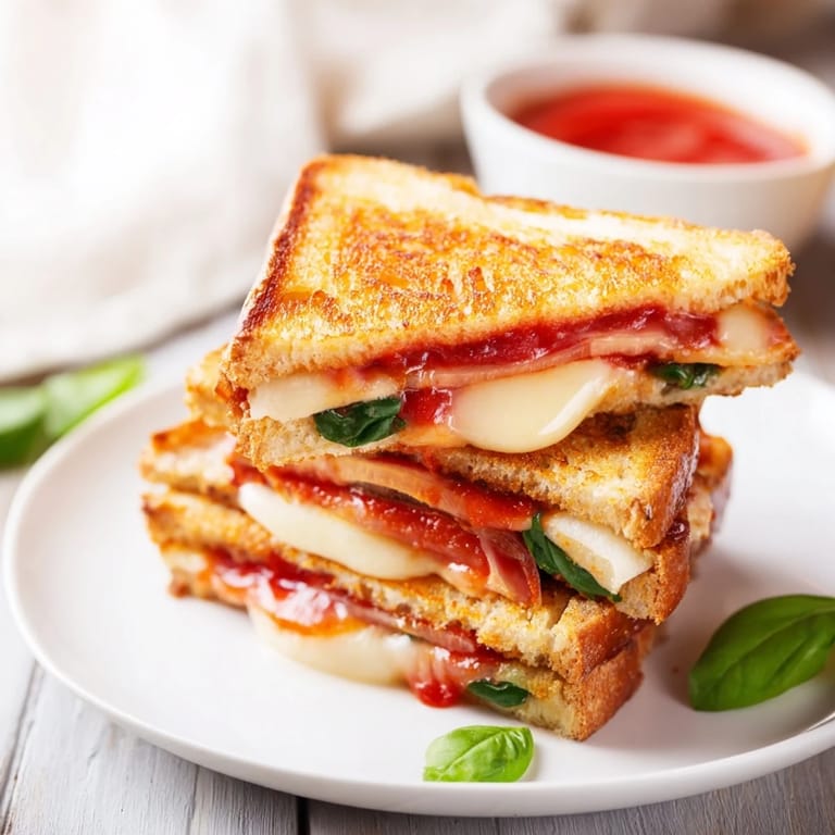 A close-up shot of Caprese Grilled Cheese Dippers showcases melted mozzarella and fresh basil between crispy sourdough slices.