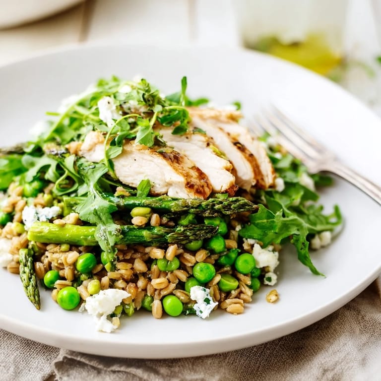 A vibrant bowl of Warm Spring Farro Chicken Salad, topped with crumbled feta, fresh herbs, and dressed with lemon vinaigrette.
