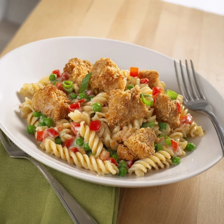 This hearty bowl of Crispy Chicken Ranch Pasta Salad features perfectly cooked rotini, sweet peas, crispy chicken, and creamy ranch, ready for a satisfying main course or picnic lunch.