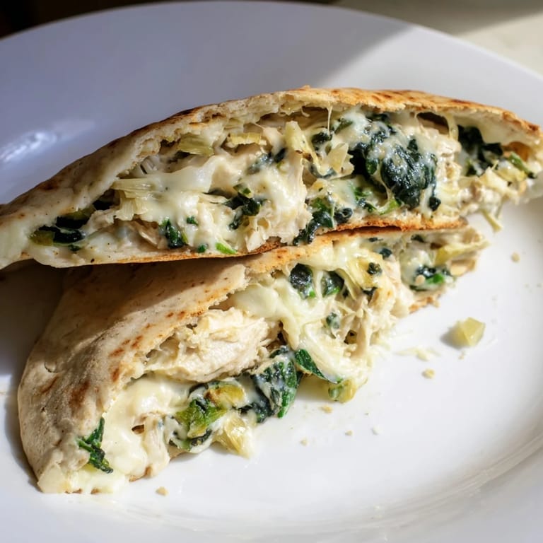 A close-up of warm Spinach Artichoke Chicken Stuffed Pita, revealing the creamy filling and melted cheese inside.