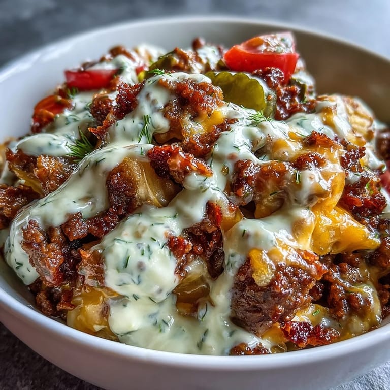 This deconstructed burger bowl shows bright cherry tomatoes and red onion slices, drizzled with a creamy homemade Big Mac style special sauce.
