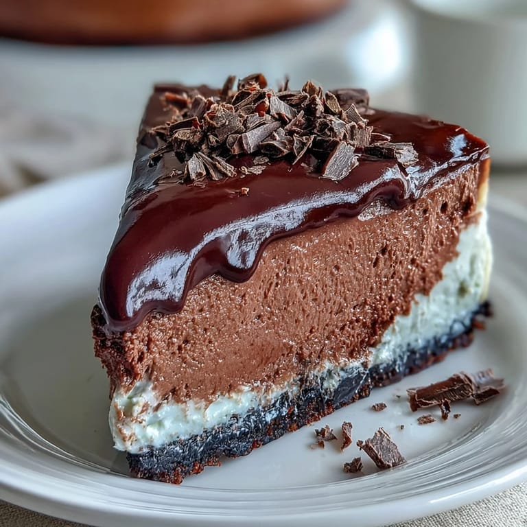The freshly baked Lighter Chocolate Cottage Cheese Cheesecake rests in a springform pan, showing a rich, dark cocoa filling and a crumbly chocolate graham crust.