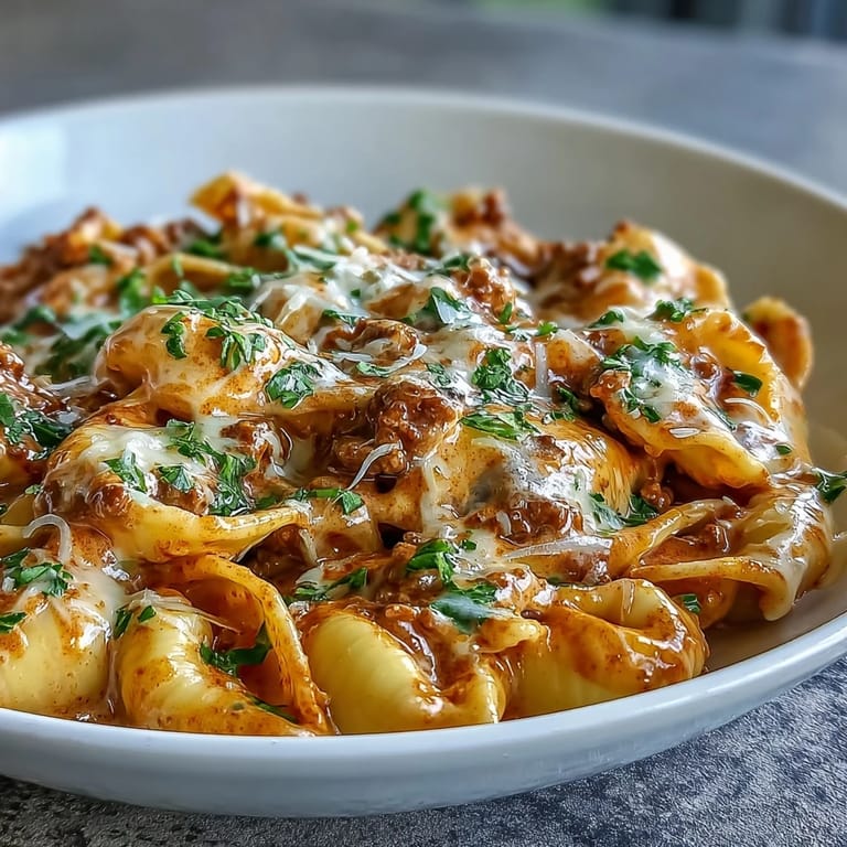 A hearty one pot creamy beef and shells dish served steaming in a rustic skillet, perfect for busy weeknights.